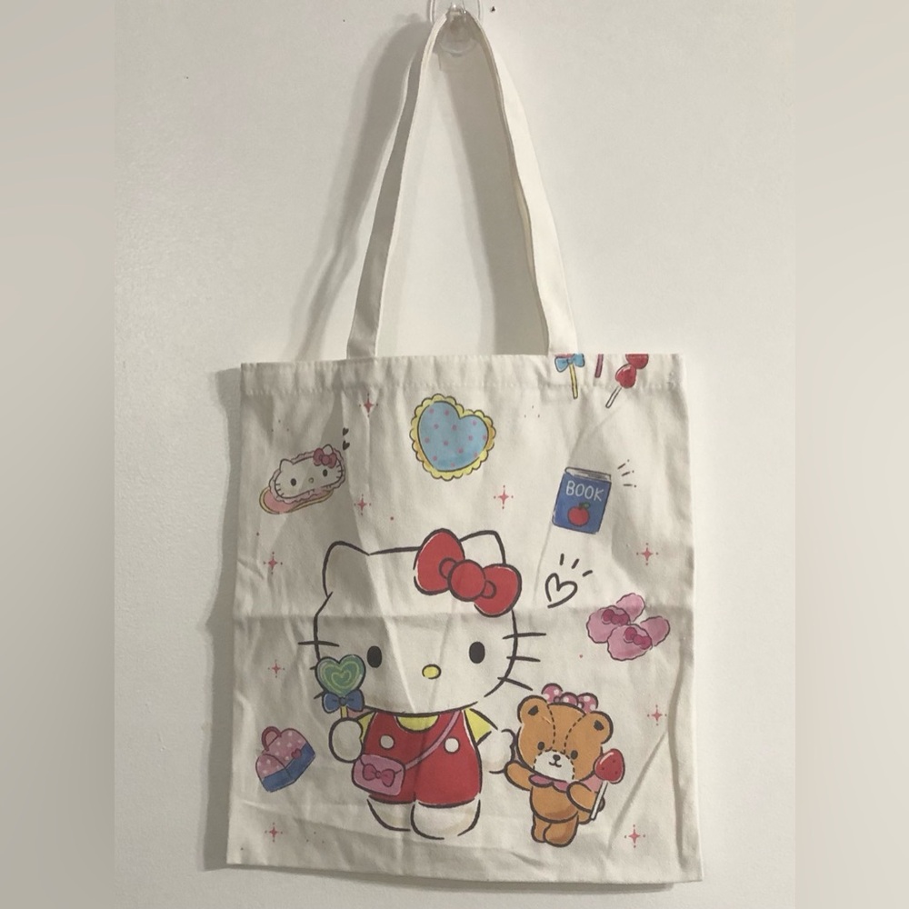 Hello Kitty shoulder canvas tote bag cream. Size 15”L 13-3/4” W